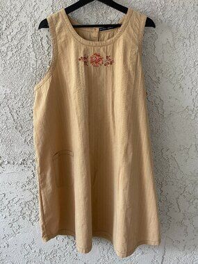 Gudrun Sjoden XL Lagenlook Organic Cotton Pinafore Dress Tan Embroidered Boho